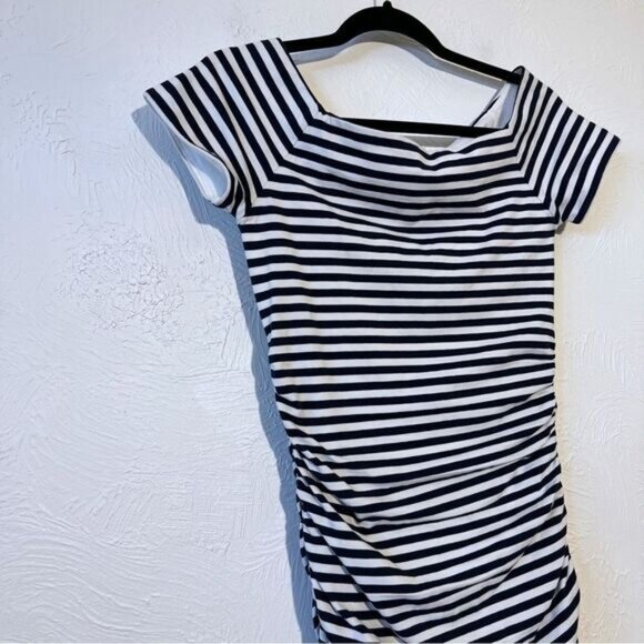 Boden Navy Blue White Striped Ruched Dress size 4 - Picture 4 of 6